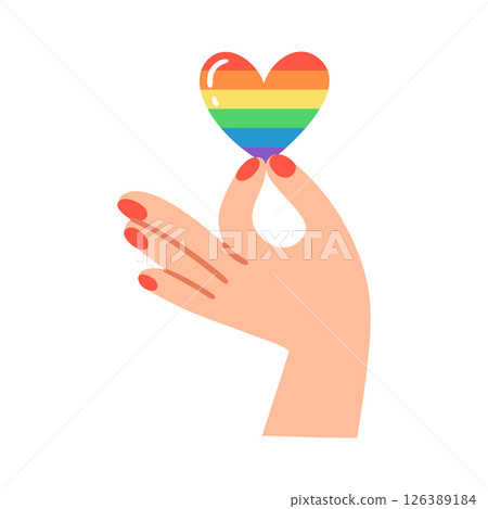 Hand with red nails holding a rainbow heart. Hand drawn vector illustration. Hand with red nails holding a rainbow heart. Hand drawn vector illustration. 126389184