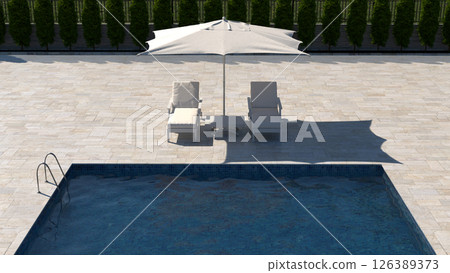 Modern Poolside With Mosaic Tiles and Loungers 126389373