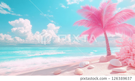 Dreamy Pastel Beach with Pink Palm Tree and Seashells Dreamy Pastel Beach with Pink Palm Tree and Seashells 126389637