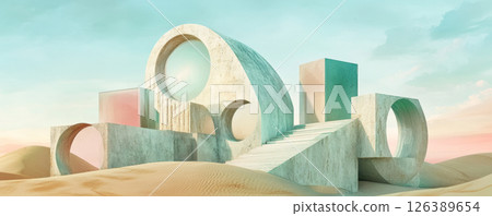 Futuristic Marble Architecture with Floating Glass Elements 126389654