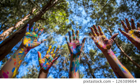 Colorful Painted Hands with Smiley Faces Outdoors 126389664