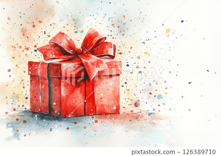 Red gift box with a large bow surrounded by colorful splashes in a watercolor illustration style 126389710