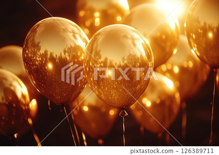 Golden balloons reflecting sunlight in a festive atmosphere, creating a joyful celebration scene 126389711