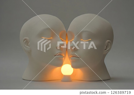 Two artistic mannequin heads facing each other with glowing light between them in a minimalist setting Two artistic mannequin heads facing each other with glowing light between them in a minimalist setting 126389719