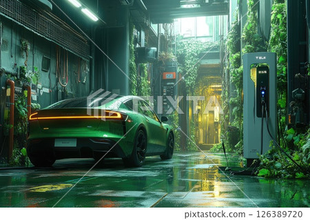Electric vehicle charging station in a futuristic urban environment with lush greenery and reflections Electric vehicle charging station in a futuristic urban environment with lush greenery and reflections 126389720