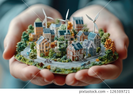 Miniature model of a sustainable eco-friendly village with wind turbines and solar panels Miniature model of a sustainable eco-friendly village with wind turbines and solar panels 126389721