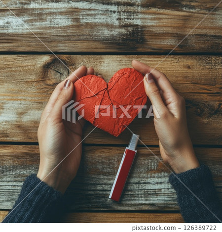 Hands holding a red heart-shaped paper craft on a rustic wooden table with a glue stick nearby Hands holding a red heart-shaped paper craft on a rustic wooden table with a glue stick nearby 126389722