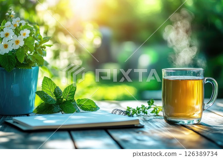 Hot herbal tea in glass cup beside fresh mint and flowers on wooden table in serene garden setting 126389734
