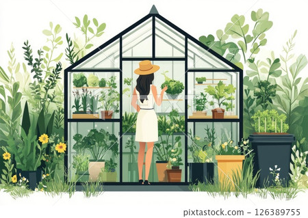 Woman in white dress admiring plants inside a greenhouse surrounded by lush greenery and flowers 126389755