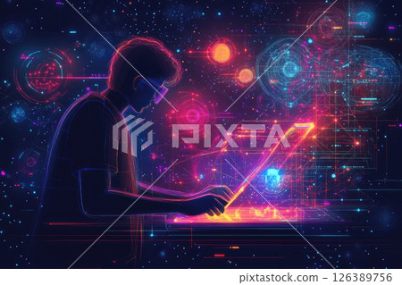 Digital artist creating futuristic designs on a glowing laptop in a cosmic environment 126389756