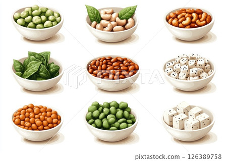 Colorful assortment of healthy ingredients in bowls showcasing vibrant textures and shapes 126389758