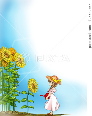 A girl watering a short sunflower 126389767