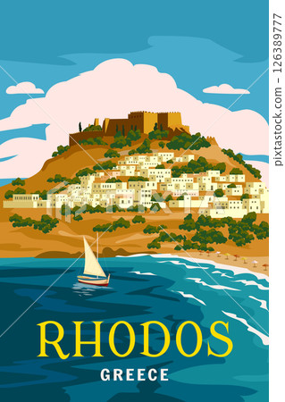 Travel Poster Greece island Rhodes, Kastellos castle, poster, old Mediterranean European culture and architecture 126389777