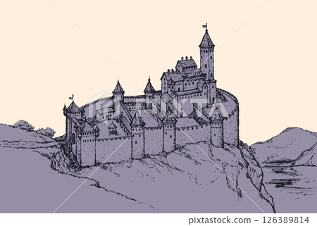Castle Romanesque style. Vector drawing 126389814