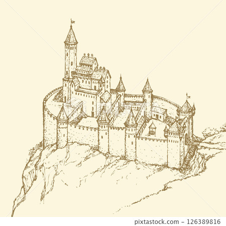 Castle Romanesque style. Vector drawing 126389816