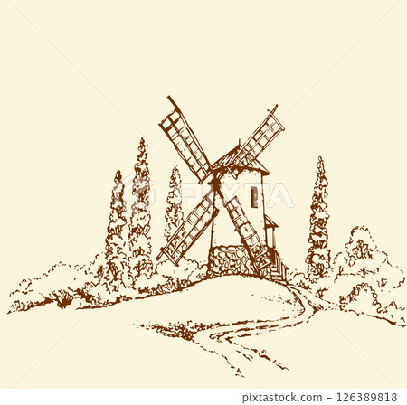 Vector drawing. The outline of the summer landscape with mill 126389818