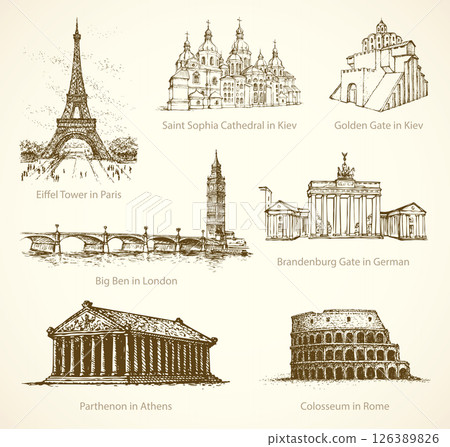 World famous historical monuments. Vector sketch 126389826
