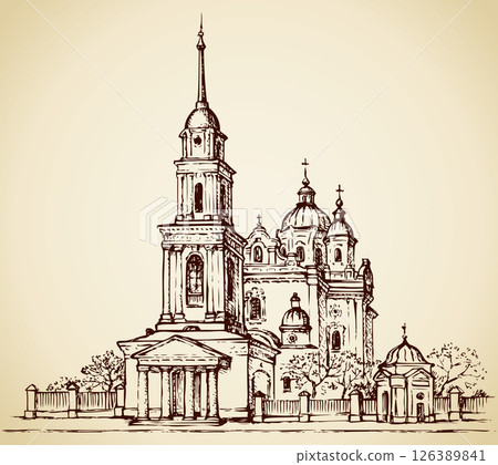 Dormition Cathedral, Poltava, Ukraine. Vector sketch Dormition Cathedral, Poltava, Ukraine. Vector sketch 126389841