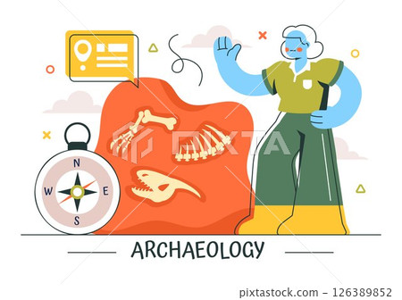 Archaeology Vector Illustration featuring an Archaeological Excavation of Ancient Ruins, Historical Artifacts, and Dinosaur Fossils in a Background Archaeology Vector Illustration featuring an Archaeological Excavation of Ancient Ruins, Historical Artifacts, and Dinosaur Fossils in a Background 126389852