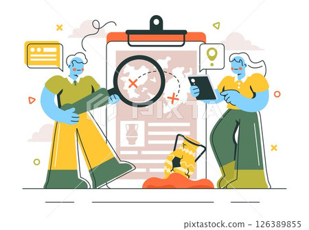 Archaeology Vector Illustration featuring an Archaeological Excavation of Ancient Ruins, Historical Artifacts, and Dinosaur Fossils in a Background 126389855
