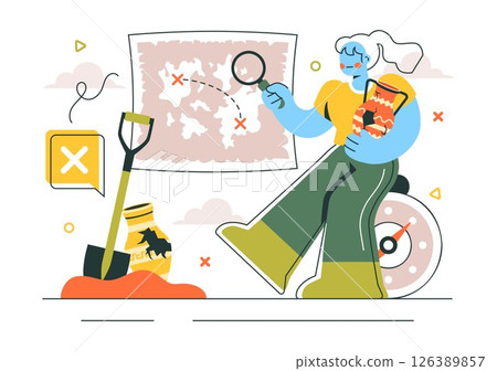 Archaeology Vector Illustration featuring an Archaeological Excavation of Ancient Ruins, Historical Artifacts, and Dinosaur Fossils in a Background 126389857