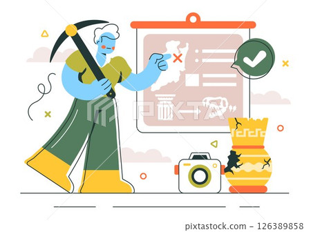 Archaeology Vector Illustration featuring an Archaeological Excavation of Ancient Ruins, Historical Artifacts, and Dinosaur Fossils in a Background 126389858