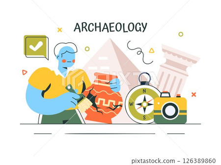 Archaeology Vector Illustration featuring an Archaeological Excavation of Ancient Ruins, Historical Artifacts, and Dinosaur Fossils in a Background 126389860