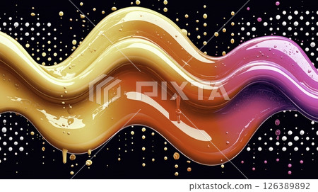 Flowing waves of orange, pink, and purple paint intertwine against a black backdrop, showcasing a dynamic and colorful abstract composition that captivates the eye. 126389892