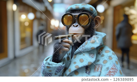 A monkey dressed in a colorful coat and large glasses casually holds a cigar while standing in an urban alleyway. Dim lights and evening ambiance highlight the scene. A monkey dressed in a colorful coat and large glasses casually holds a cigar while standing in an urban alleyway. Dim lights and evening ambiance highlight the scene. 126389895