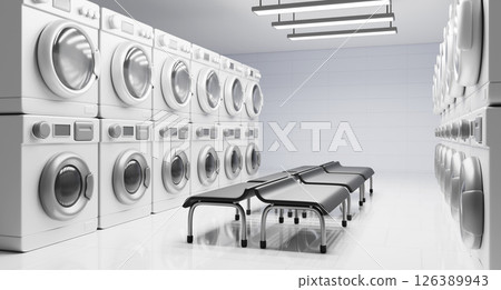 Laundromat interior perspective. Commercial self service laundry room with rows of washing and dryer machine, waiting area with empty chairs, lamps. Industry, dry cleaning, business. 3D illustration 126389943