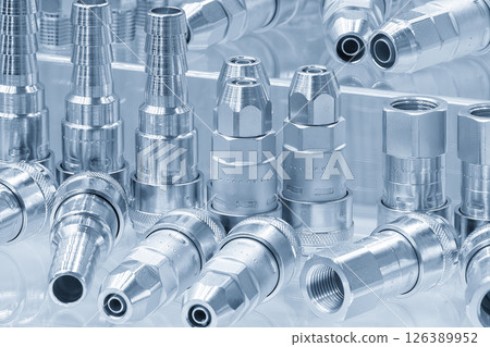 Close up scene the group of quick release coupling set in the light blue scene. 126389952