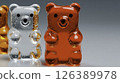 Gummy bears in different colors stand in a row on a smooth gray surface, showcasing their jelly-like texture and playful shapes. The vibrant display appeals to candy lovers and children alike. 126389978