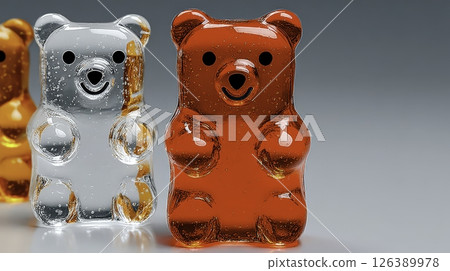 Gummy bears in different colors stand in a row on a smooth gray surface, showcasing their jelly-like texture and playful shapes. The vibrant display appeals to candy lovers and children alike. 126389978