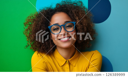 Smiling Woman with Blue Glasses Against a Colorful Backdrop 126389999