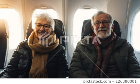 Happy Senior Couple Enjoying a Relaxing Flight Journey 126390001