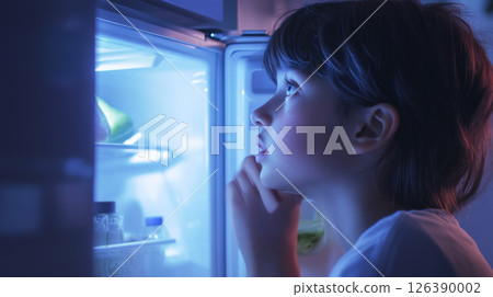 Curious Child Looking Into an Open Refrigerator at Night Curious Child Looking Into an Open Refrigerator at Night 126390002