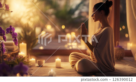 Serene Woman Meditating in Candlelit Zen Retreat 126390012