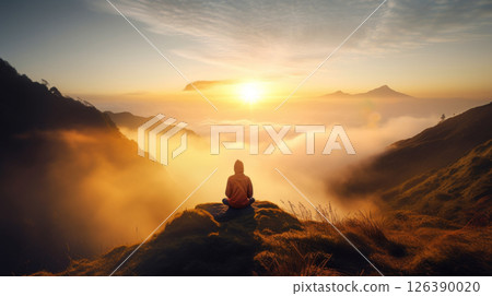Serene Man Meditating on Mountain at Sunrise 126390020
