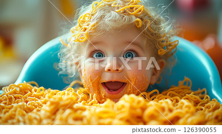 Cute little kid boy eating spaghetti bolognese or pasta macaroni bolognese at home. Happy child eating fresh cooked healthy meal with noodles. Generative Ai. Cute little kid boy eating spaghetti bolognese or pasta macaroni bolognese at home. Happy child eating fresh cooked healthy meal with noodles. Generative Ai. 126390055