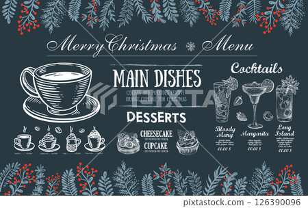 Christmas and New Year menu cafe. Template design. Hand drawn illustrations. Vector.	 126390096