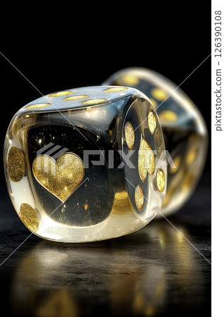 Two translucent resin dice featuring gold hearts and dots sit atop a smooth black surface, showcased in soft lighting. The delicate designs attract attention in their elegant arrangement. Two translucent resin dice featuring gold hearts and dots sit atop a smooth black surface, showcased in soft lighting. The delicate designs attract attention in their elegant arrangement. 126390108