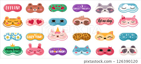 Cute Sleeping Masks Vector Set. Night Eye Masks with Funny Faces and Cozy Sleep Designs. Bedtime Clipart Elements.. 126390120