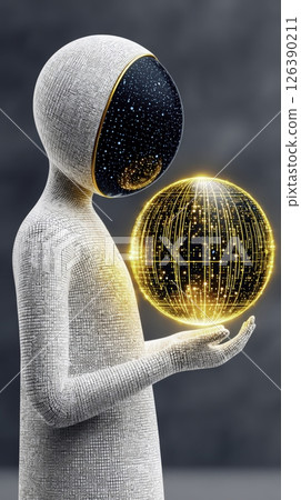 A humanoid figure with a starry, digital head presents a luminous orb. The orb is adorned with intricate lines, symbolizing technology and cosmic elements, conveying a sense of wonder. A humanoid figure with a starry, digital head presents a luminous orb. The orb is adorned with intricate lines, symbolizing technology and cosmic elements, conveying a sense of wonder. 126390211