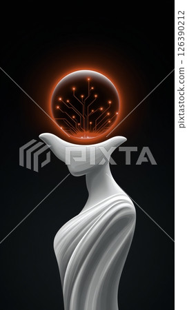 A white sculpted figure stands gracefully with an orb on its head, glowing red with intricate circuitry patterns. The artwork symbolizes the blend of creativity and innovation in contemporary art. A white sculpted figure stands gracefully with an orb on its head, glowing red with intricate circuitry patterns. The artwork symbolizes the blend of creativity and innovation in contemporary art. 126390212