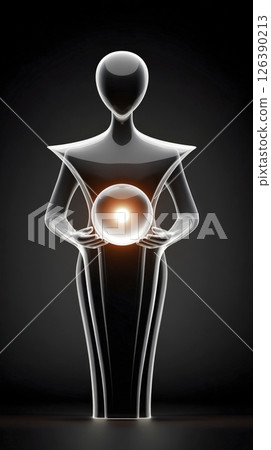 A sleek, transparent figure stands in a dark space, cradling a bright orb that emits a soft glow. The futuristic design evokes a sense of mystery and intrigue. A sleek, transparent figure stands in a dark space, cradling a bright orb that emits a soft glow. The futuristic design evokes a sense of mystery and intrigue. 126390213