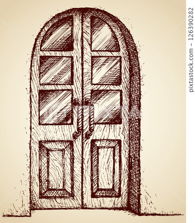 Carved door with glass. Vector drawing 126390282