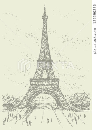 Vector drawing from a series of sketches of landmarks cities. The Eiffel Tower in Paris. France 126390286