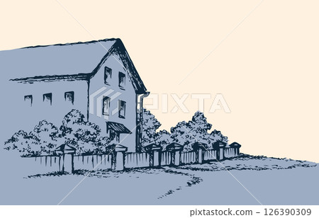 Old house behind fence. Vector drawing 126390309
