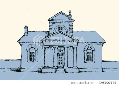 Single-storey old building. Vector drawing 126390315