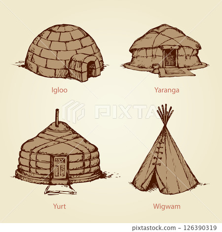 Ethnic homes of different nations. Vector drawing 126390319